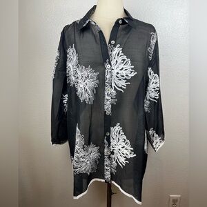 NWT‎ Womens Multiples Black/White Embroidered 3/4 Sleeve Tunic Artsy Size L